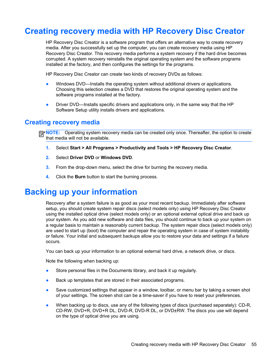 Creating recovery media, Backing up your information | HP EliteBook Revolve 810 G2 Tablet User Manual | Page 63 / 73