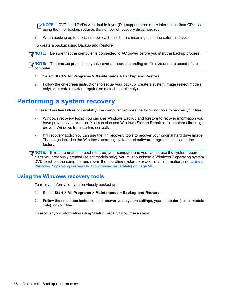 Performing a system recovery, Using the windows recovery tools | HP EliteBook Revolve 810 G2 Tablet User Manual | Page 64 / 73