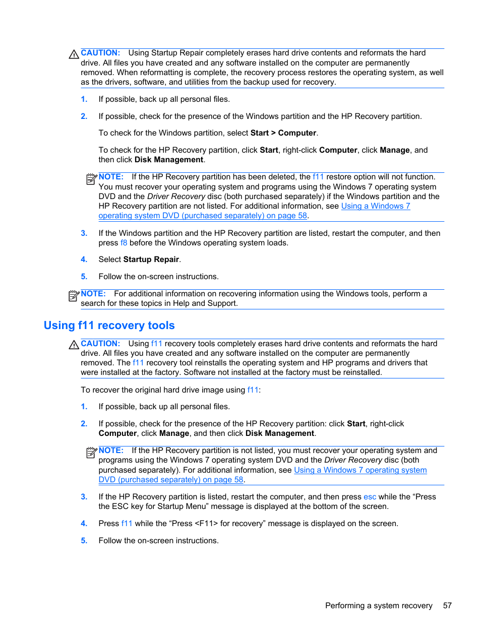 Using f11 recovery tools | HP EliteBook Revolve 810 G2 Tablet User Manual | Page 65 / 73