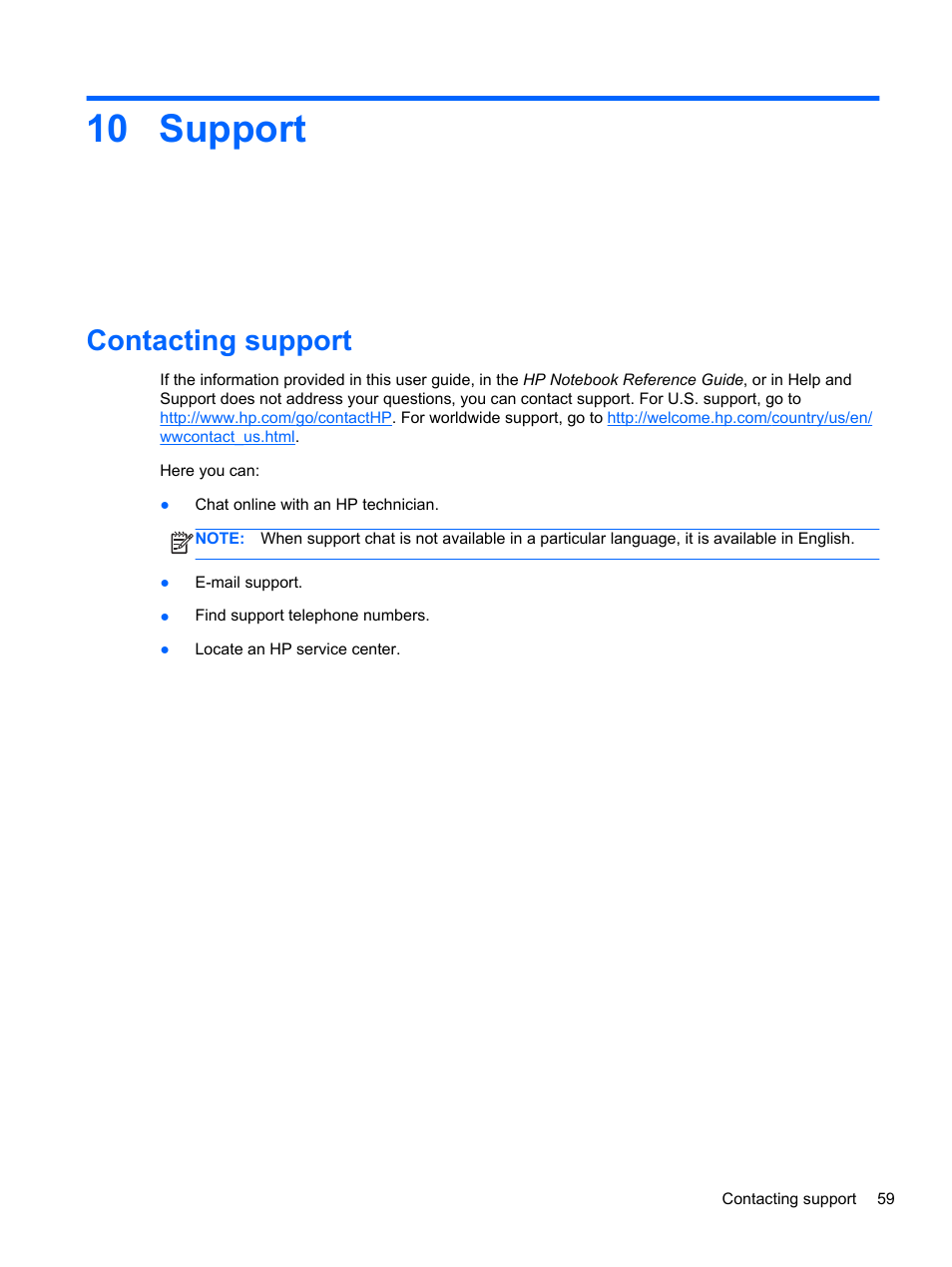 Support, Contacting support, 10 support | HP EliteBook Revolve 810 G2 Tablet User Manual | Page 67 / 73