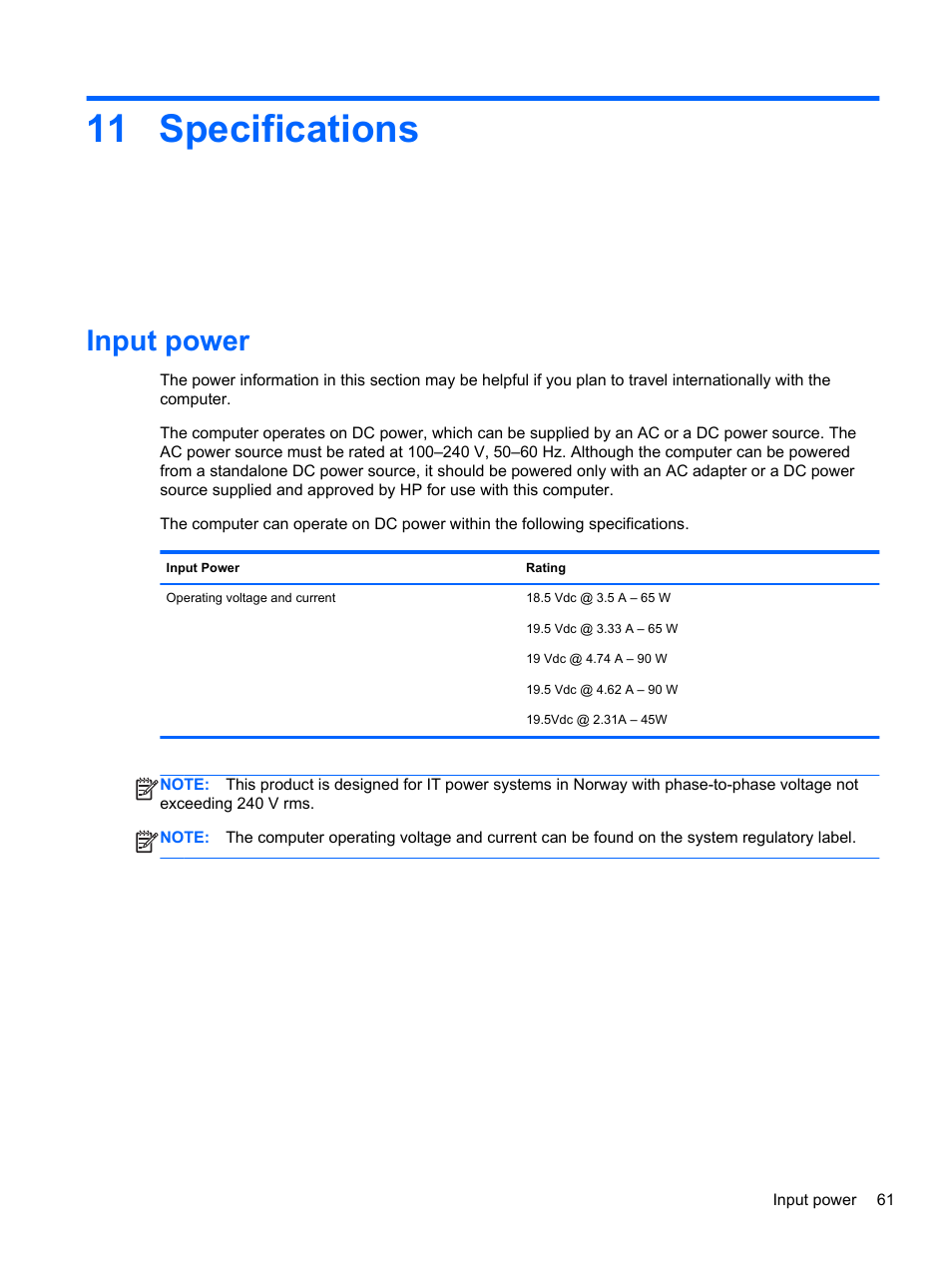 Specifications, Input power, 11 specifications | HP EliteBook Revolve 810 G2 Tablet User Manual | Page 69 / 73