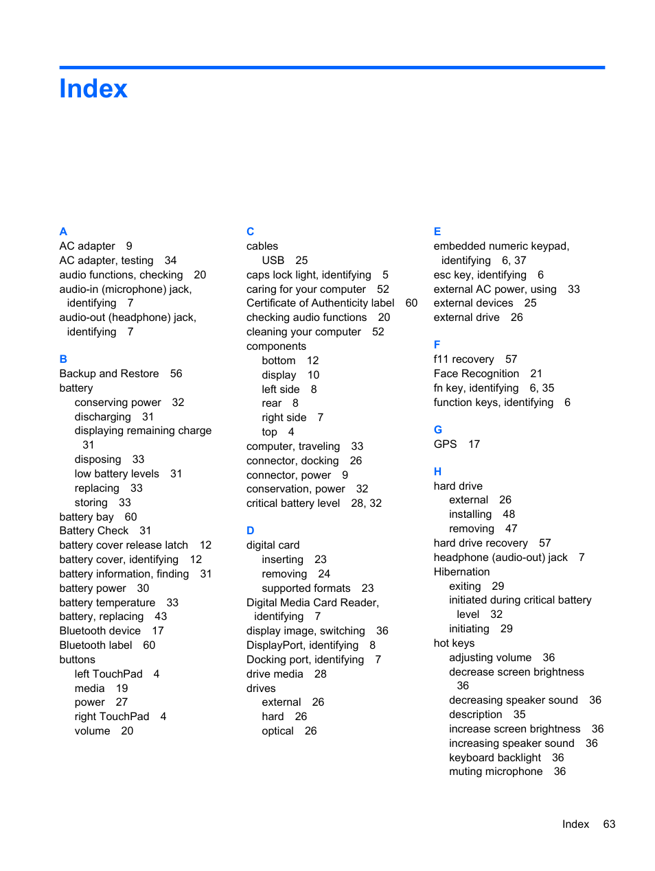 Index | HP EliteBook Revolve 810 G2 Tablet User Manual | Page 71 / 73