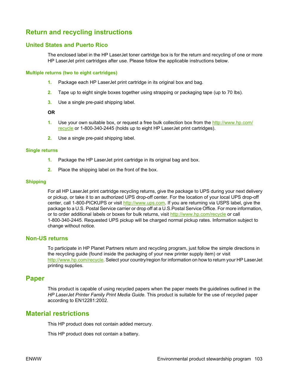 Return and recycling instructions, United states and puerto rico, Multiple returns (two to eight cartridges) | Single returns, Shipping, Non-us returns, Paper, Material restrictions, Paper material restrictions | HP LaserJet P1005 Printer User Manual | Page 113 / 120