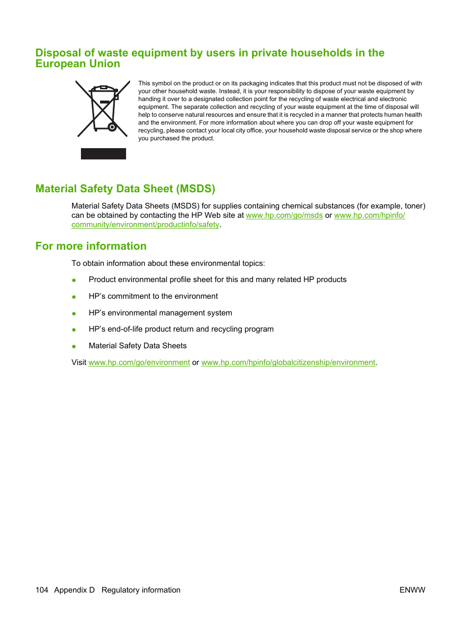 Material safety data sheet (msds), For more information | HP LaserJet P1005 Printer User Manual | Page 114 / 120