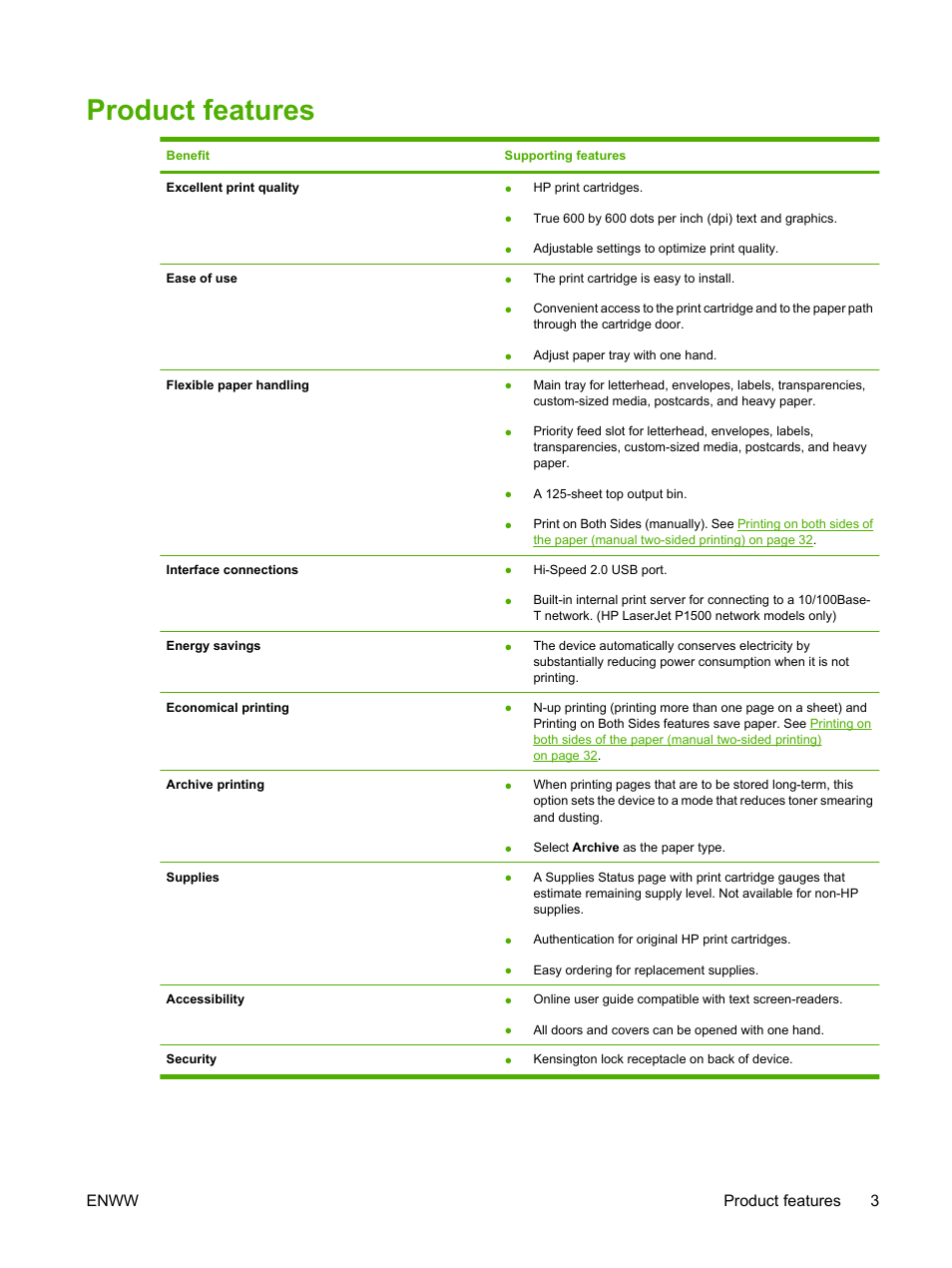 Product features, Enww product features 3 | HP LaserJet P1005 Printer User Manual | Page 13 / 120