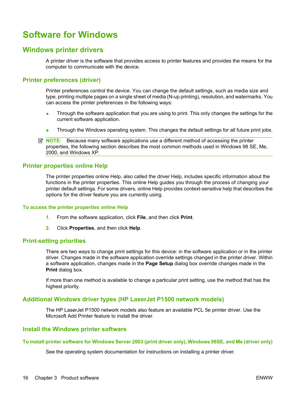 Software for windows, Windows printer drivers, Printer preferences (driver) | Printer properties online help, Print-setting priorities, Install the windows printer software | HP LaserJet P1005 Printer User Manual | Page 26 / 120