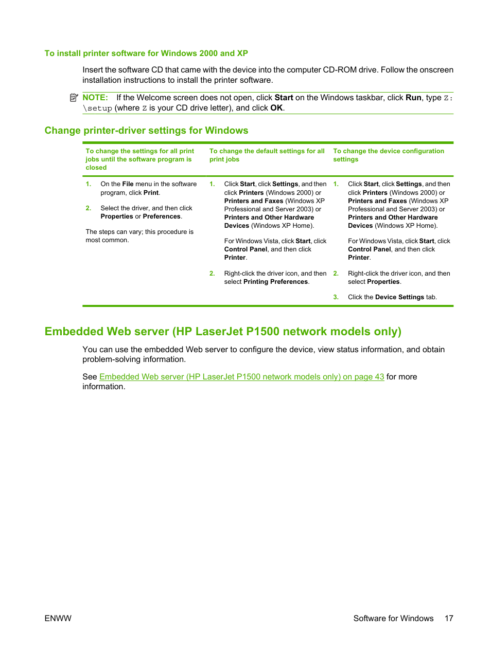 Change printer-driver settings for windows | HP LaserJet P1005 Printer User Manual | Page 27 / 120