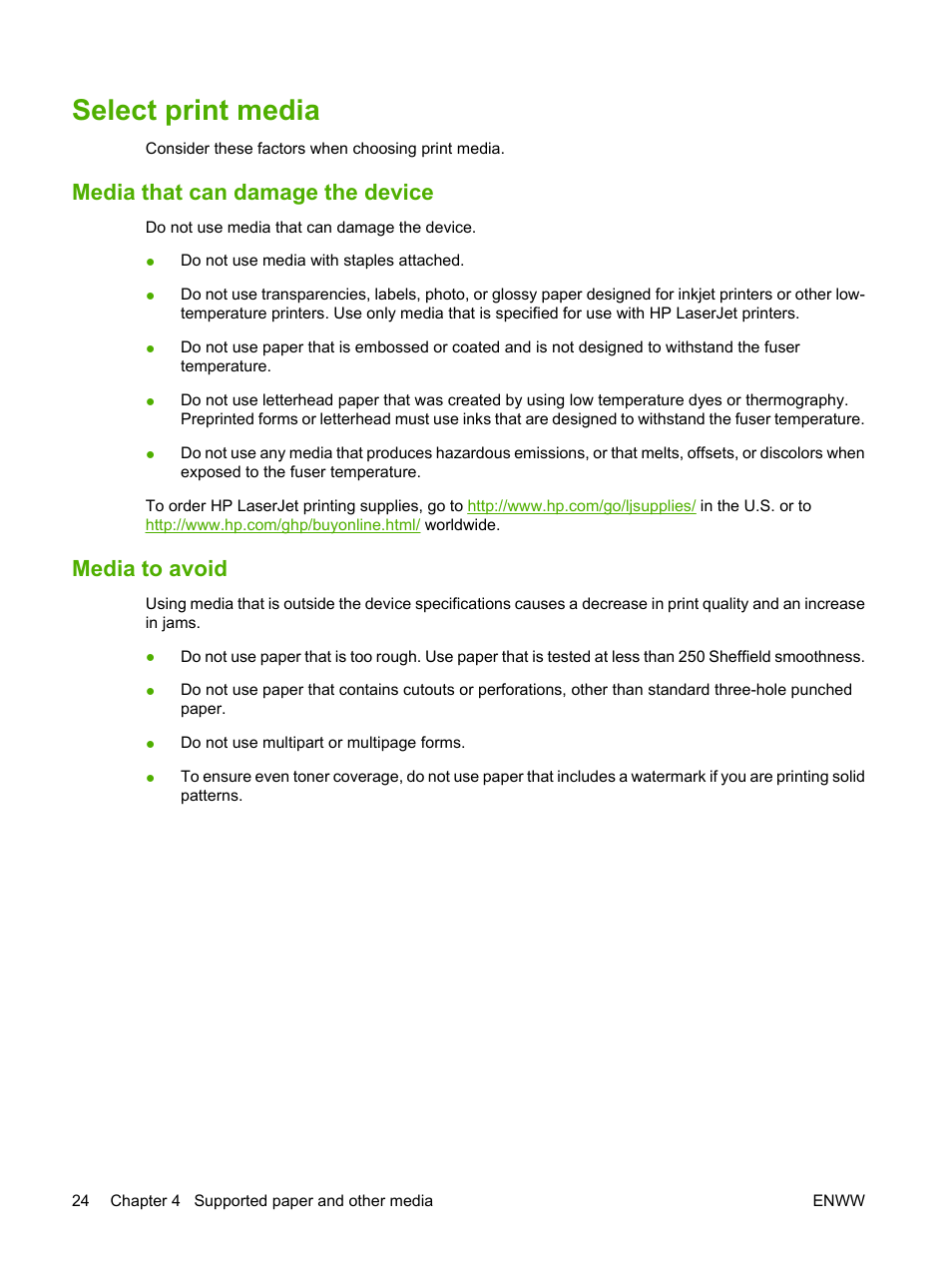 Select print media, Media that can damage the device, Media to avoid | Media that can damage the device media to avoid | HP LaserJet P1005 Printer User Manual | Page 34 / 120