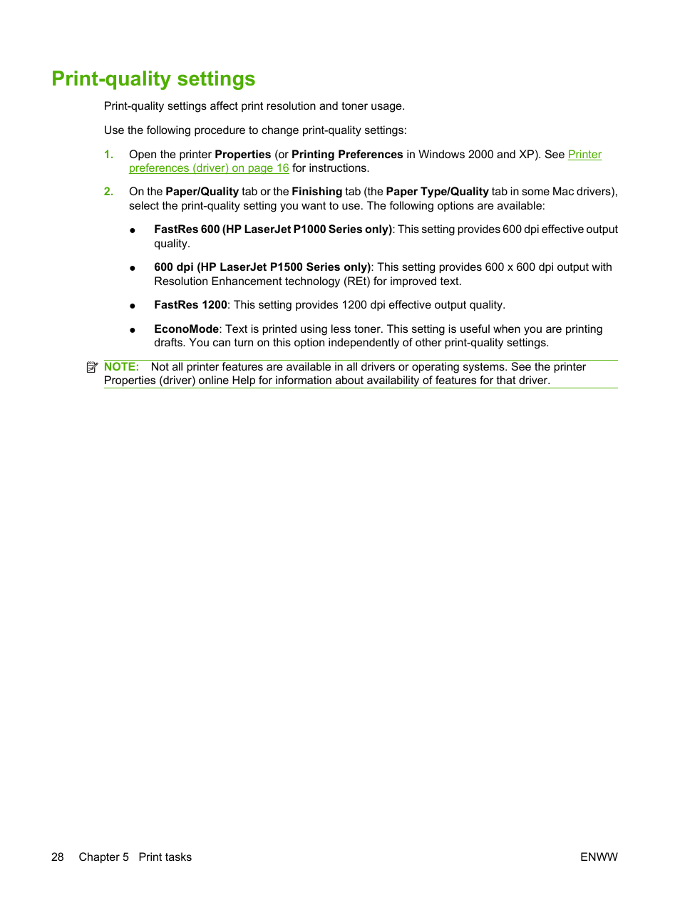 Print-quality settings | HP LaserJet P1005 Printer User Manual | Page 38 / 120