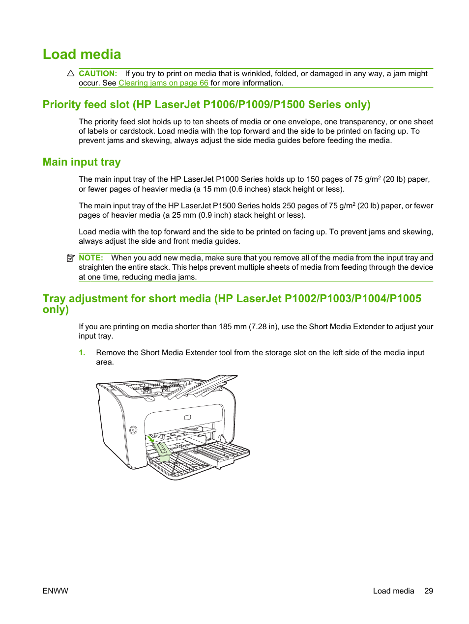 Load media, Main input tray | HP LaserJet P1005 Printer User Manual | Page 39 / 120