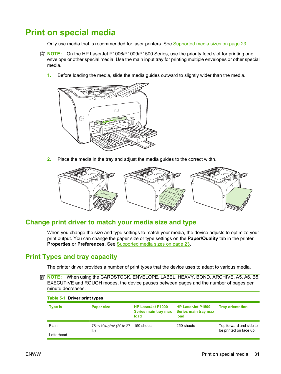 Print on special media, Print types and tray capacity | HP LaserJet P1005 Printer User Manual | Page 41 / 120