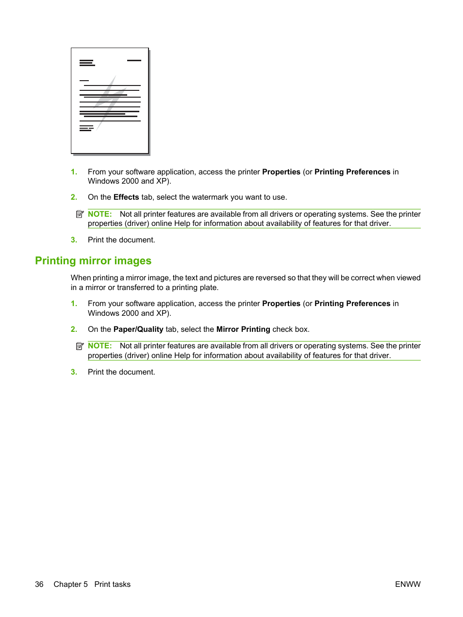 Printing mirror images | HP LaserJet P1005 Printer User Manual | Page 46 / 120