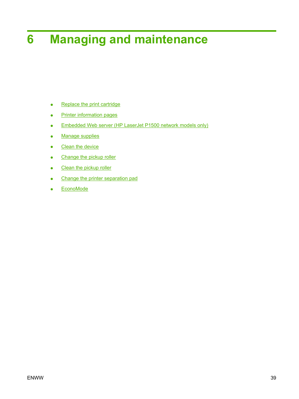 Managing and maintenance, 6 managing and maintenance, 6managing and maintenance | HP LaserJet P1005 Printer User Manual | Page 49 / 120