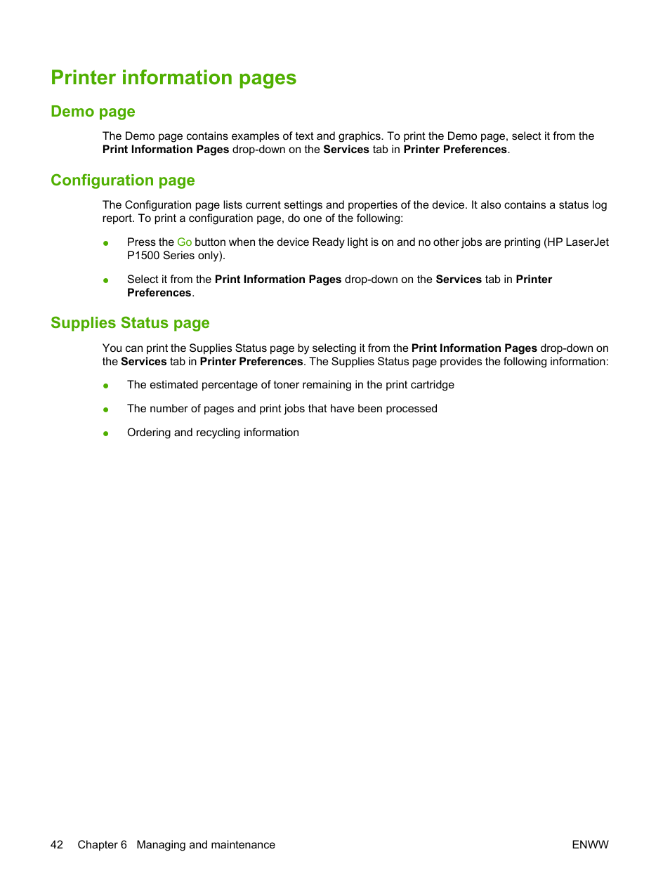 Printer information pages, Demo page, Configuration page | Supplies status page | HP LaserJet P1005 Printer User Manual | Page 52 / 120