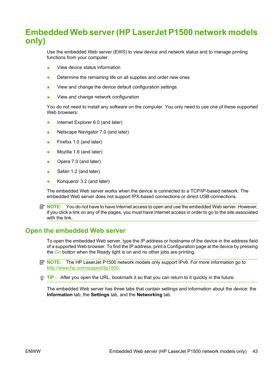 Open the embedded web server | HP LaserJet P1005 Printer User Manual | Page 53 / 120