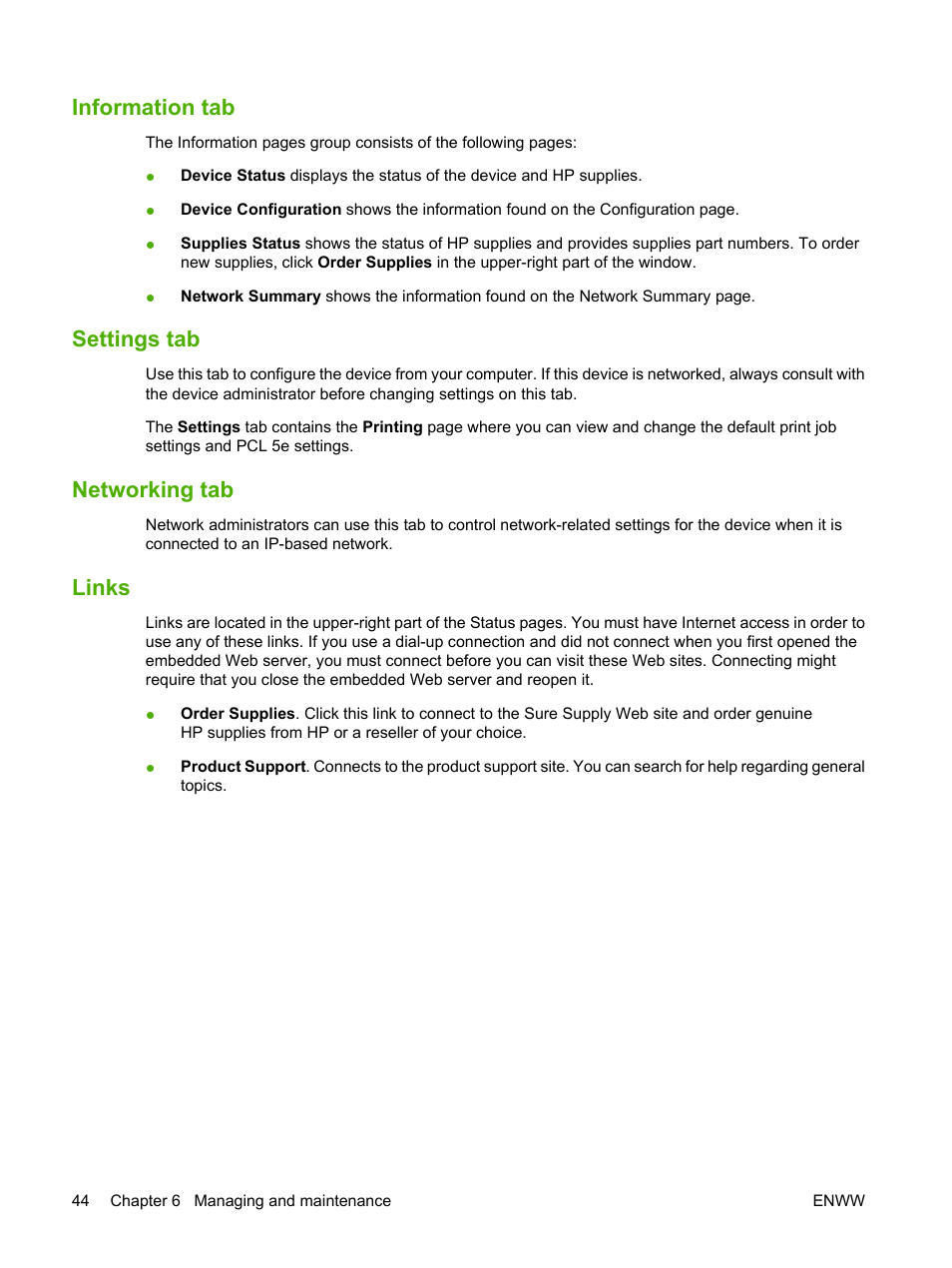 Information tab, Settings tab, Networking tab | Links, Information tab settings tab networking tab links | HP LaserJet P1005 Printer User Manual | Page 54 / 120