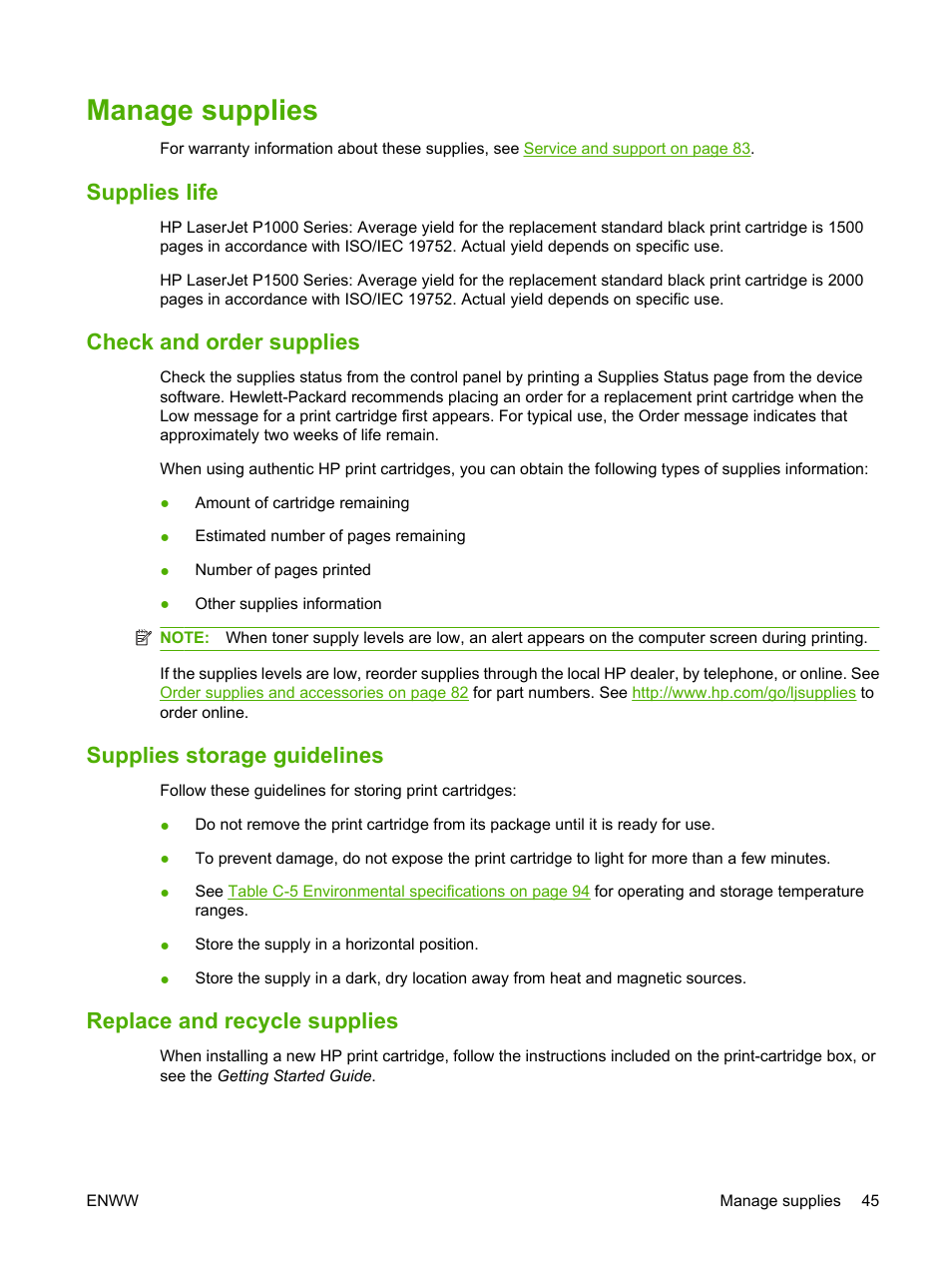 Manage supplies, Supplies life, Check and order supplies | Supplies storage guidelines, Replace and recycle supplies | HP LaserJet P1005 Printer User Manual | Page 55 / 120