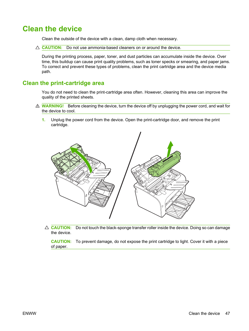 Clean the device, Clean the print-cartridge area | HP LaserJet P1005 Printer User Manual | Page 57 / 120