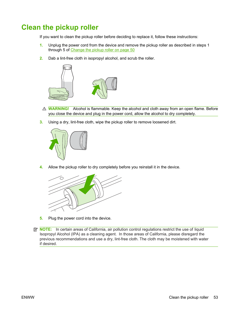 Clean the pickup roller | HP LaserJet P1005 Printer User Manual | Page 63 / 120