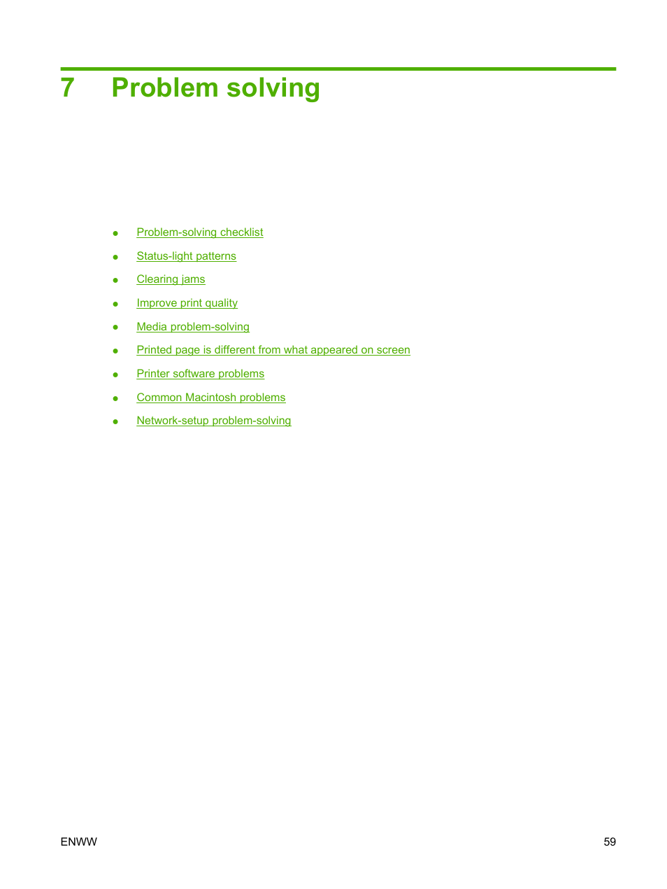 Problem solving, 7 problem solving, 7problem solving | HP LaserJet P1005 Printer User Manual | Page 69 / 120