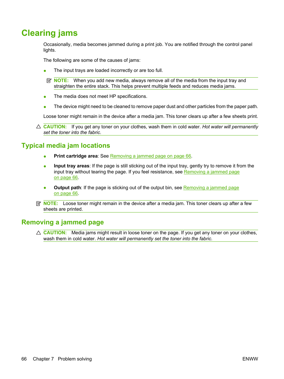 Clearing jams, Typical media jam locations, Removing a jammed page | HP LaserJet P1005 Printer User Manual | Page 76 / 120