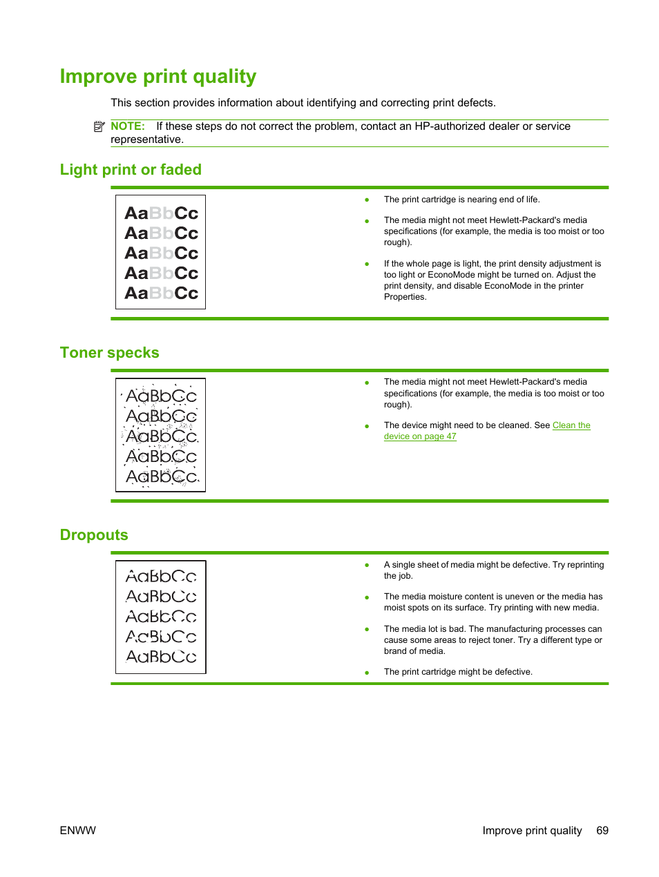 Improve print quality, Light print or faded, Toner specks | Dropouts, Light print or faded toner specks dropouts | HP LaserJet P1005 Printer User Manual | Page 79 / 120