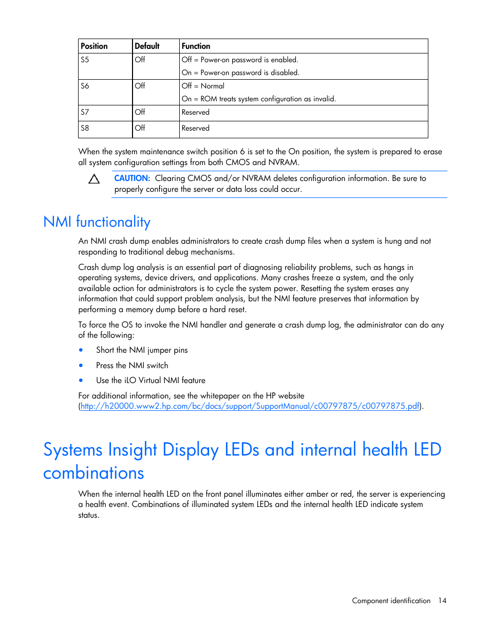 Nmi functionality | HP ProLiant DL385 G5 Server User Manual | Page 14 / 112