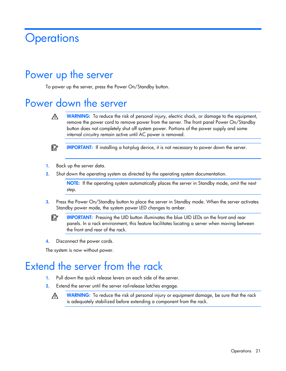 Operations, Power up the server, Power down the server | Extend the server from the rack | HP ProLiant DL385 G5 Server User Manual | Page 21 / 112