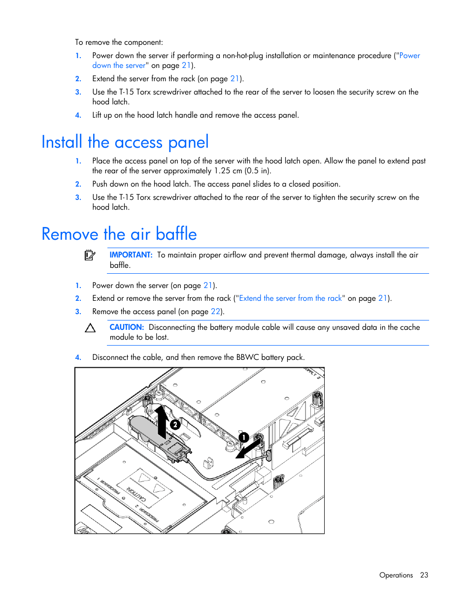 Install the access panel, Remove the air baffle | HP ProLiant DL385 G5 Server User Manual | Page 23 / 112