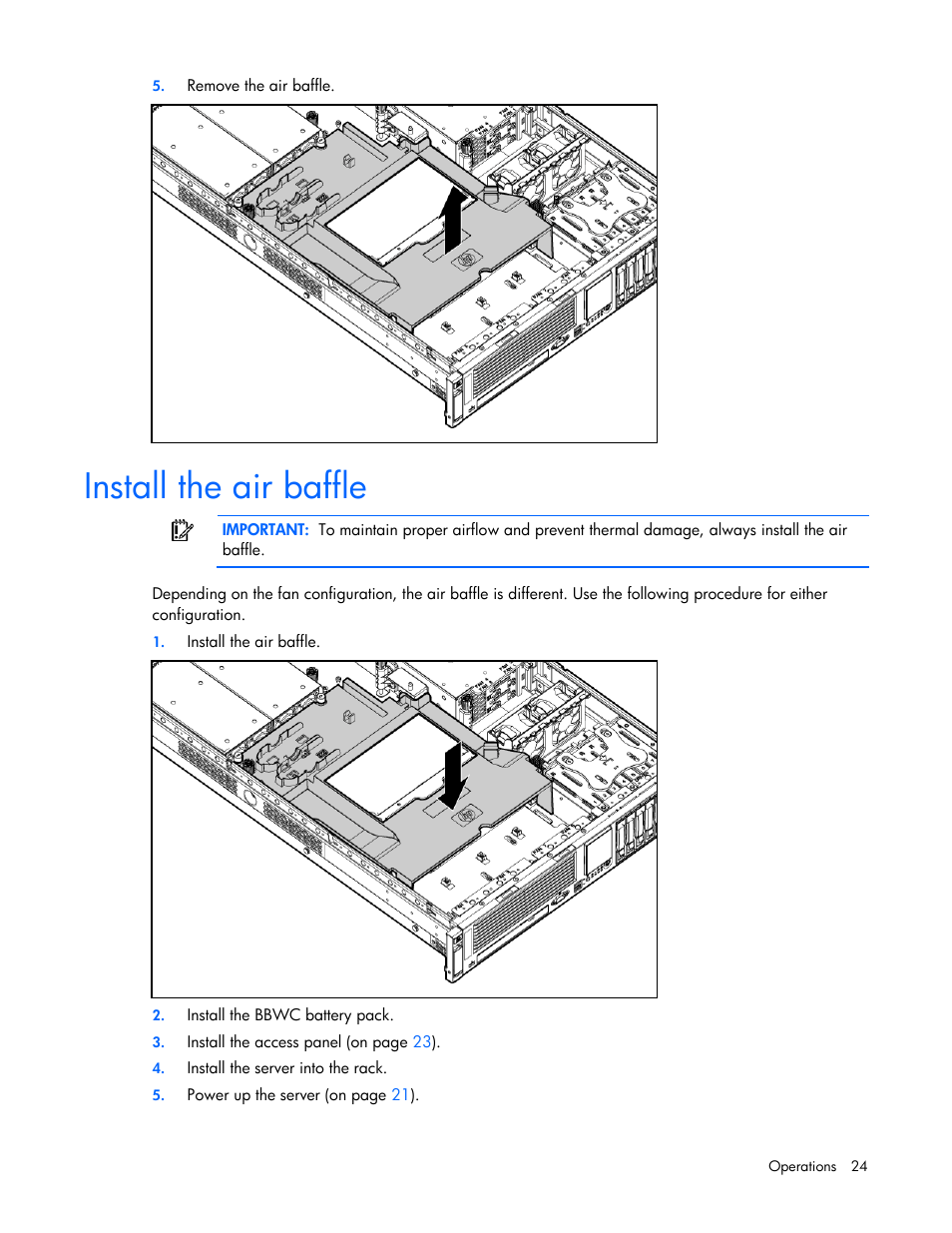 Install the air baffle | HP ProLiant DL385 G5 Server User Manual | Page 24 / 112