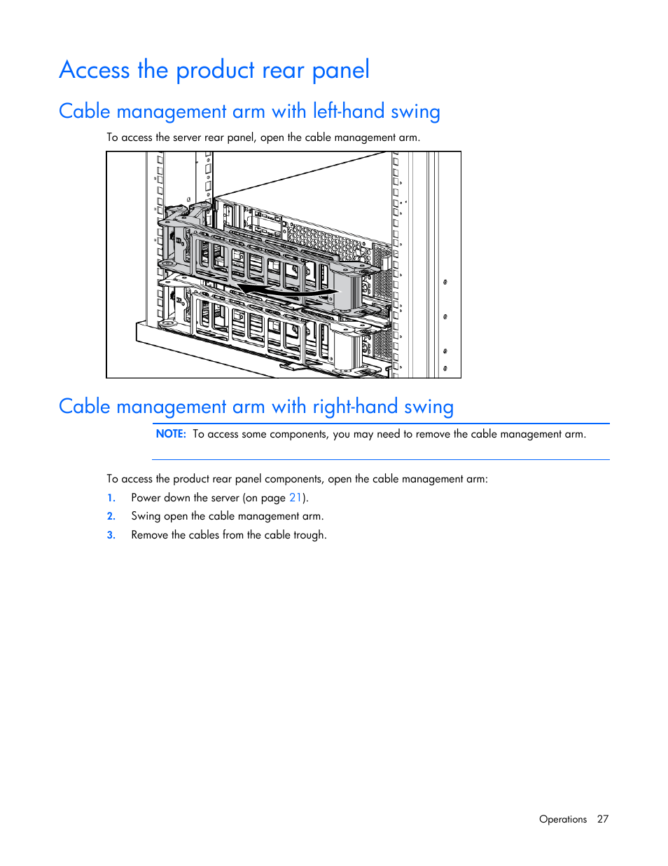 Access the product rear panel, Cable management arm with left-hand swing, Cable management arm with right-hand swing | HP ProLiant DL385 G5 Server User Manual | Page 27 / 112