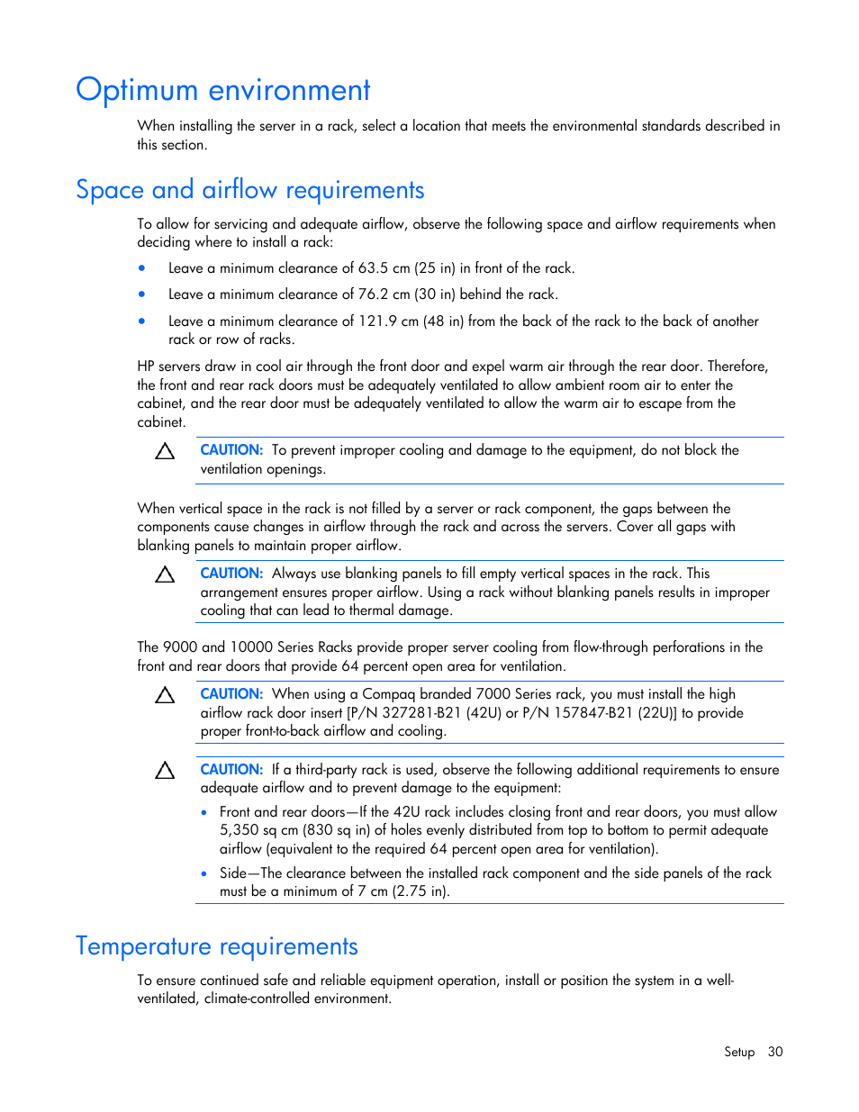 Optimum environment, Space and airflow requirements, Temperature requirements | HP ProLiant DL385 G5 Server User Manual | Page 30 / 112