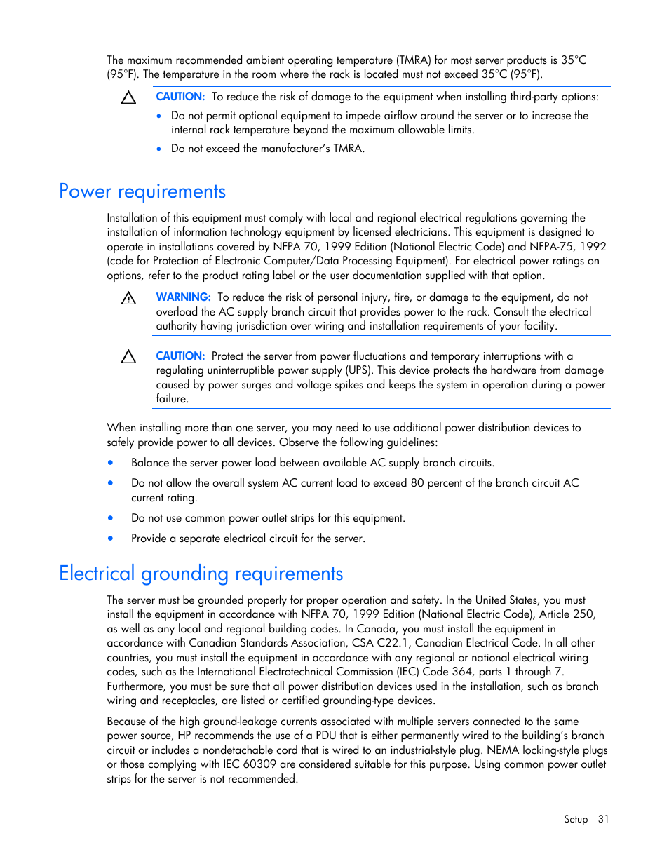 Power requirements, Electrical grounding requirements | HP ProLiant DL385 G5 Server User Manual | Page 31 / 112