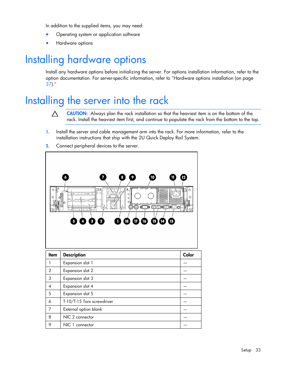 Installing hardware options, Installing the server into the rack | HP ProLiant DL385 G5 Server User Manual | Page 33 / 112