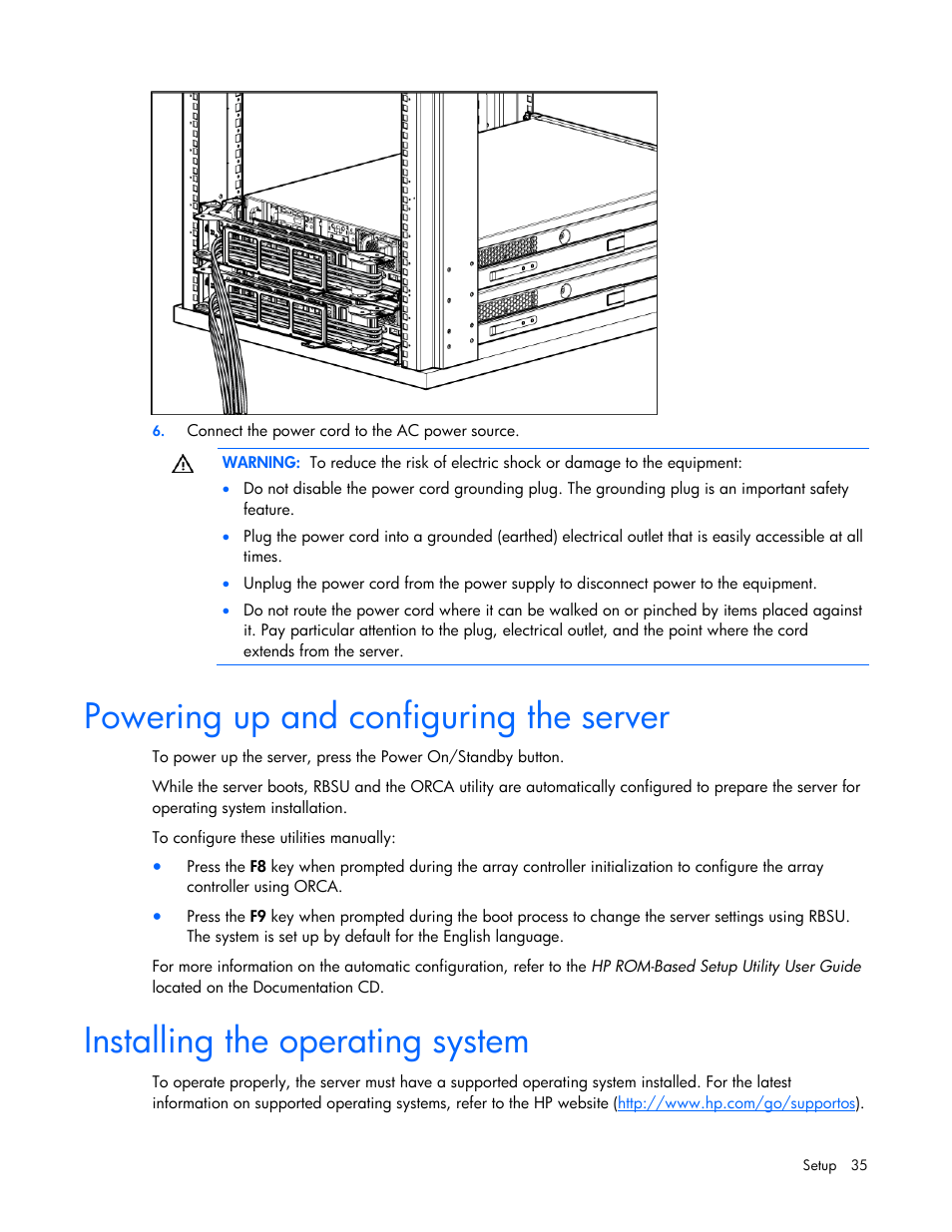 Powering up and configuring the server, Installing the operating system | HP ProLiant DL385 G5 Server User Manual | Page 35 / 112