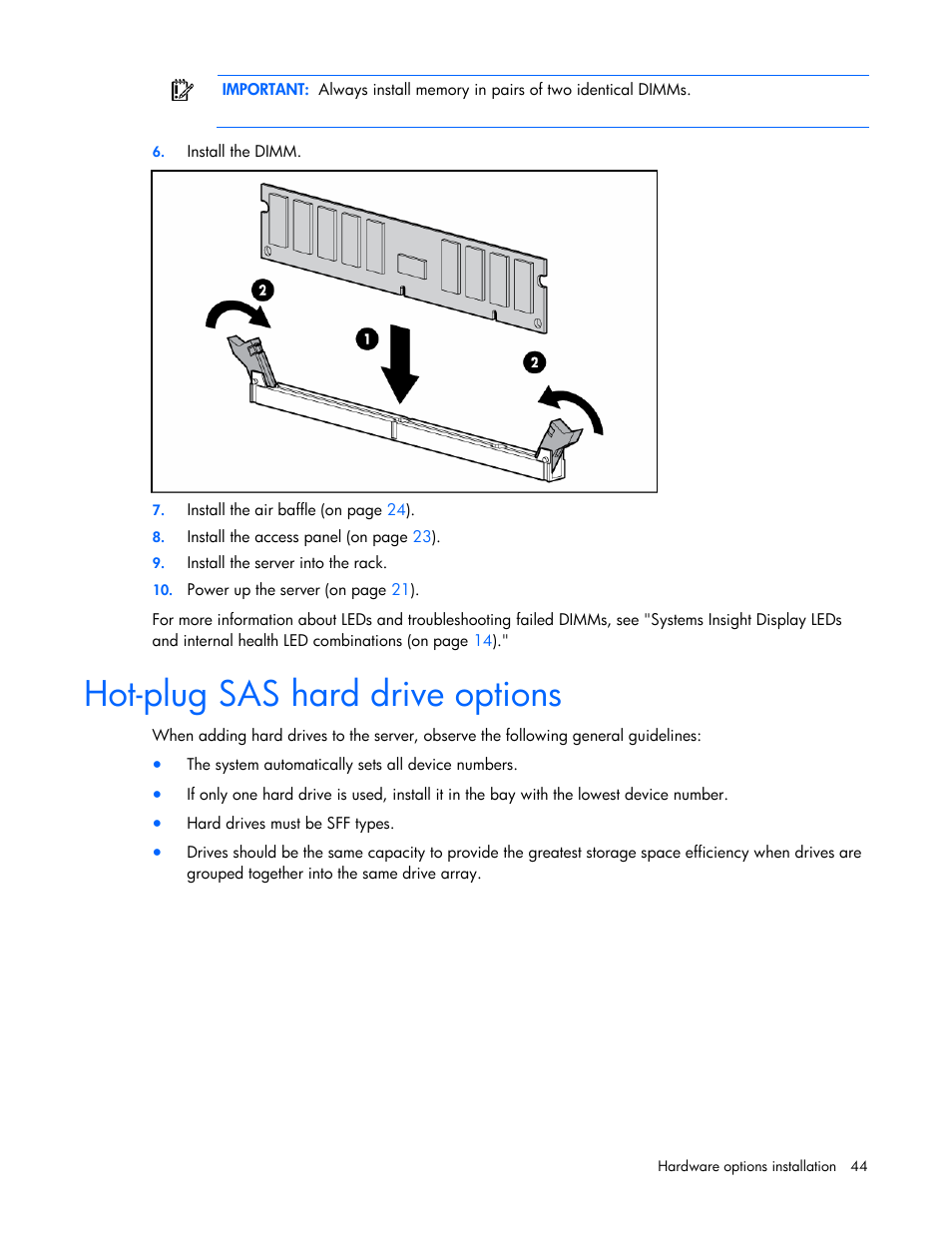 Hot-plug sas hard drive options | HP ProLiant DL385 G5 Server User Manual | Page 44 / 112