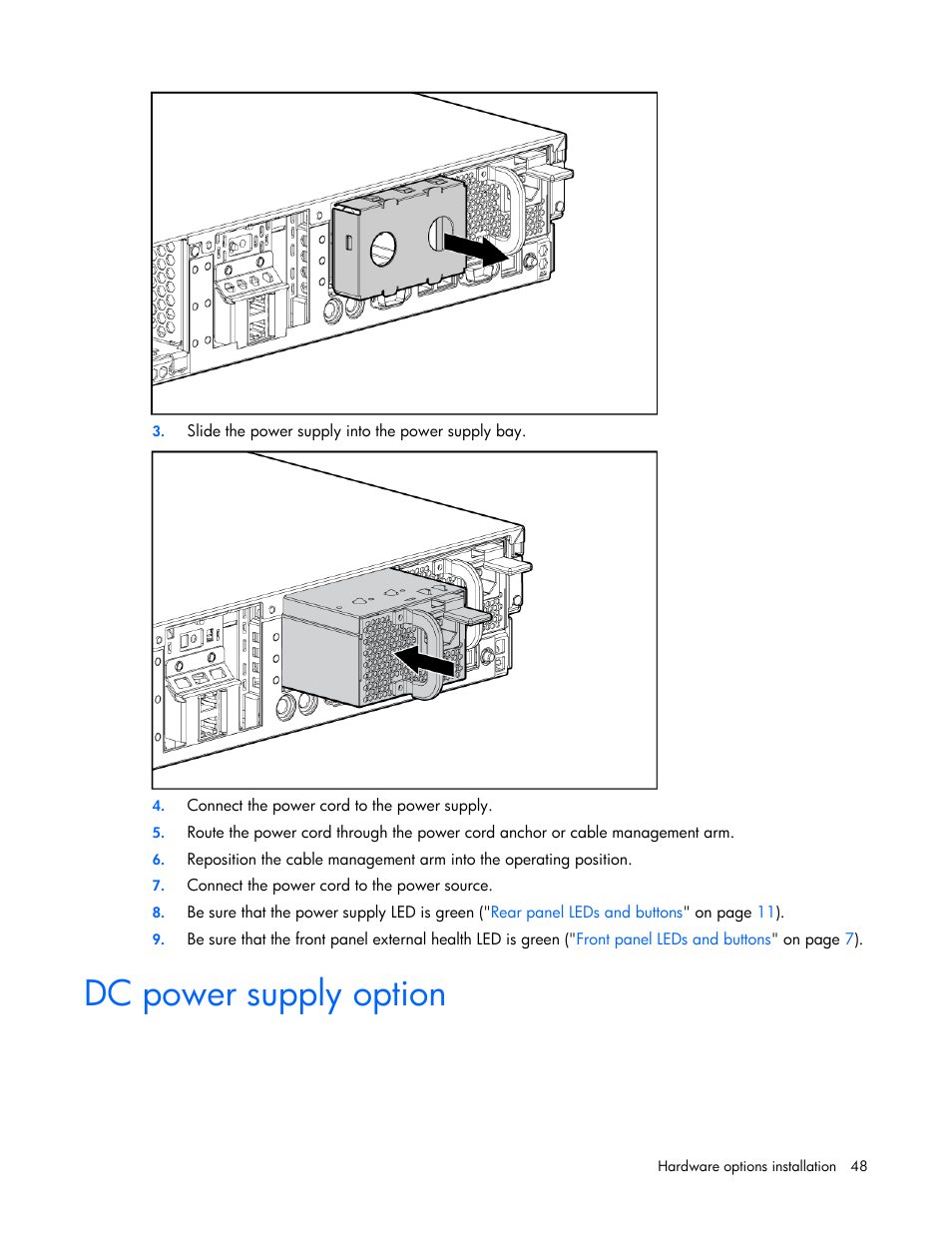Dc power supply option | HP ProLiant DL385 G5 Server User Manual | Page 48 / 112
