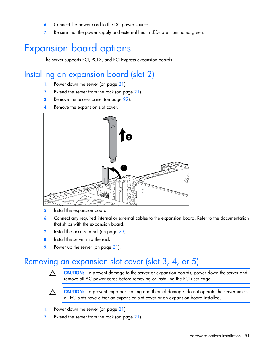 Expansion board options, Installing an expansion board (slot 2), Removing an expansion slot cover (slot 3, 4, or 5) | HP ProLiant DL385 G5 Server User Manual | Page 51 / 112
