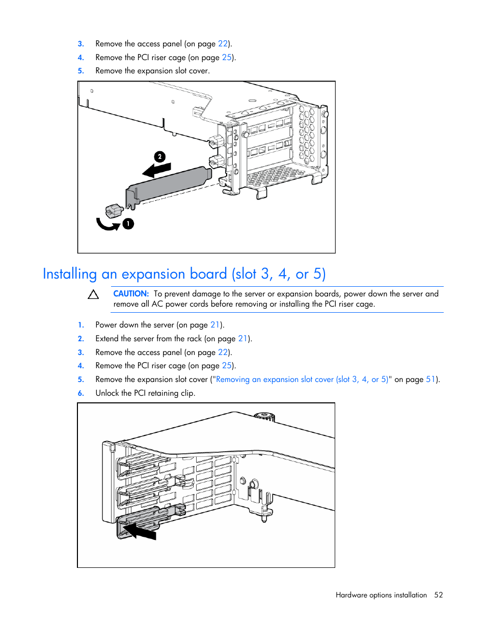Installing an expansion board (slot 3, 4, or 5) | HP ProLiant DL385 G5 Server User Manual | Page 52 / 112