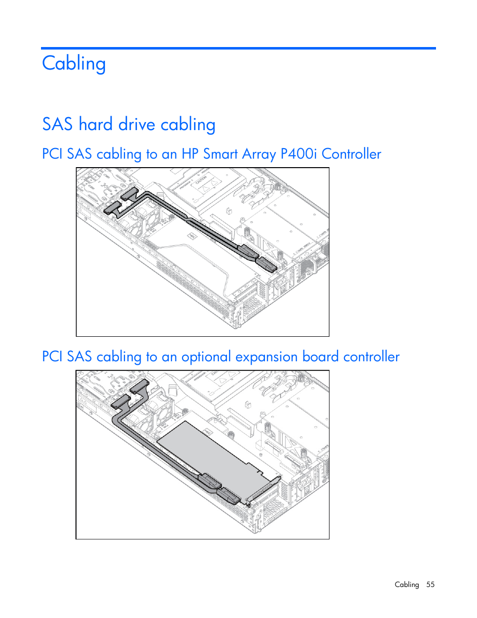 Cabling, Sas hard drive cabling | HP ProLiant DL385 G5 Server User Manual | Page 55 / 112