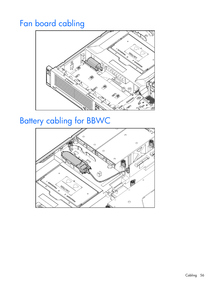 Fan board cabling, Battery cabling for bbwc | HP ProLiant DL385 G5 Server User Manual | Page 56 / 112