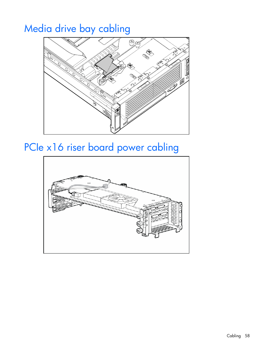 Media drive bay cabling, Pcie x16 riser board power cabling | HP ProLiant DL385 G5 Server User Manual | Page 58 / 112