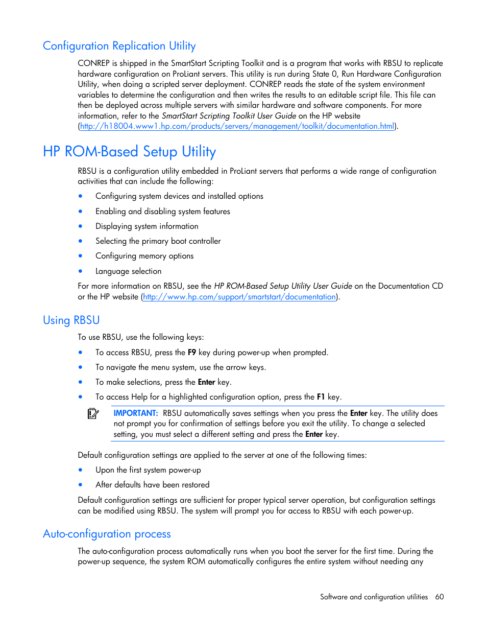 Hp rom-based setup utility, Configuration replication utility, Using rbsu | Auto-configuration process | HP ProLiant DL385 G5 Server User Manual | Page 60 / 112