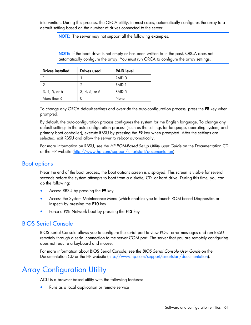 Array configuration utility, Boot options, Bios serial console | HP ProLiant DL385 G5 Server User Manual | Page 61 / 112