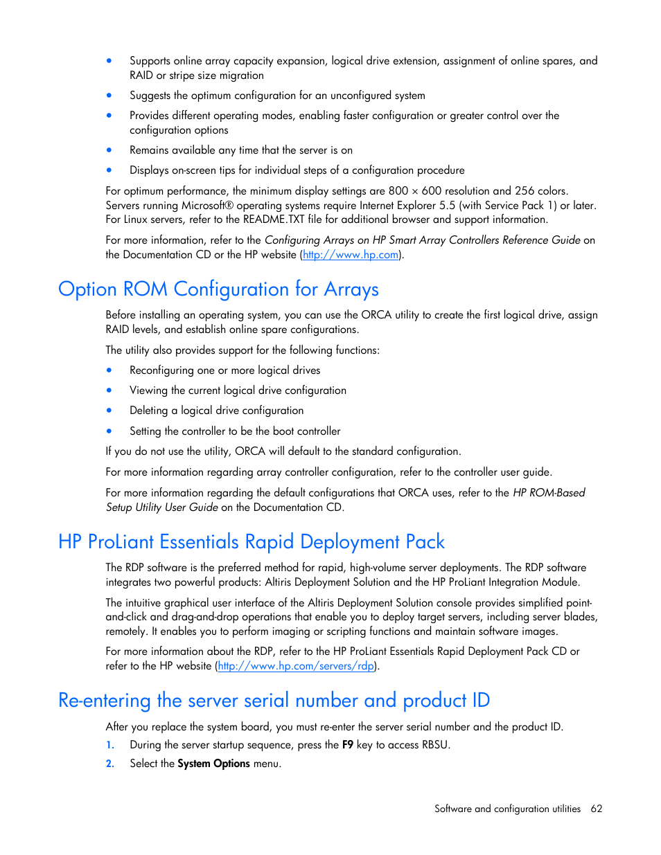 Option rom configuration for arrays, Hp proliant essentials rapid deployment pack | HP ProLiant DL385 G5 Server User Manual | Page 62 / 112