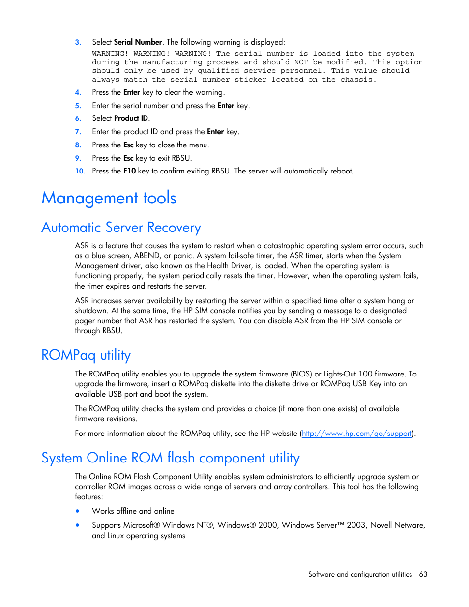 Management tools, Automatic server recovery, Rompaq utility | System online rom flash component utility | HP ProLiant DL385 G5 Server User Manual | Page 63 / 112