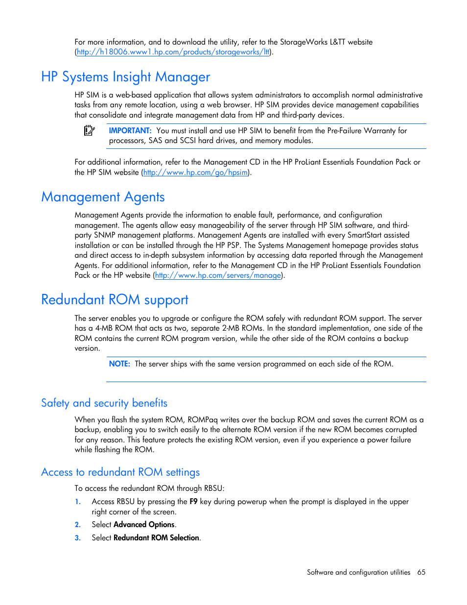 Hp systems insight manager, Management agents, Redundant rom support | Safety and security benefits, Access to redundant rom settings | HP ProLiant DL385 G5 Server User Manual | Page 65 / 112