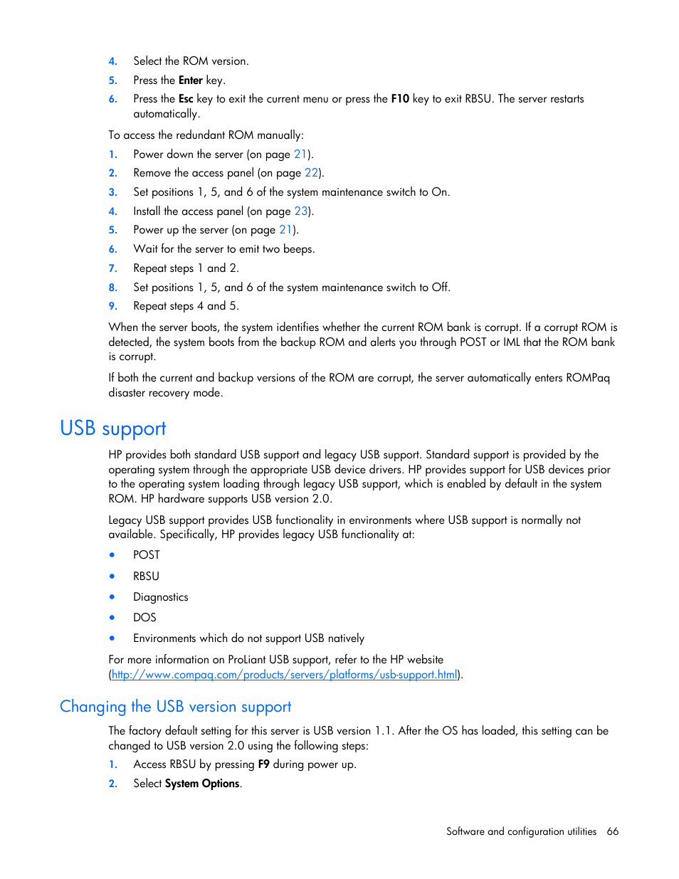 Usb support, Changing the usb version support | HP ProLiant DL385 G5 Server User Manual | Page 66 / 112