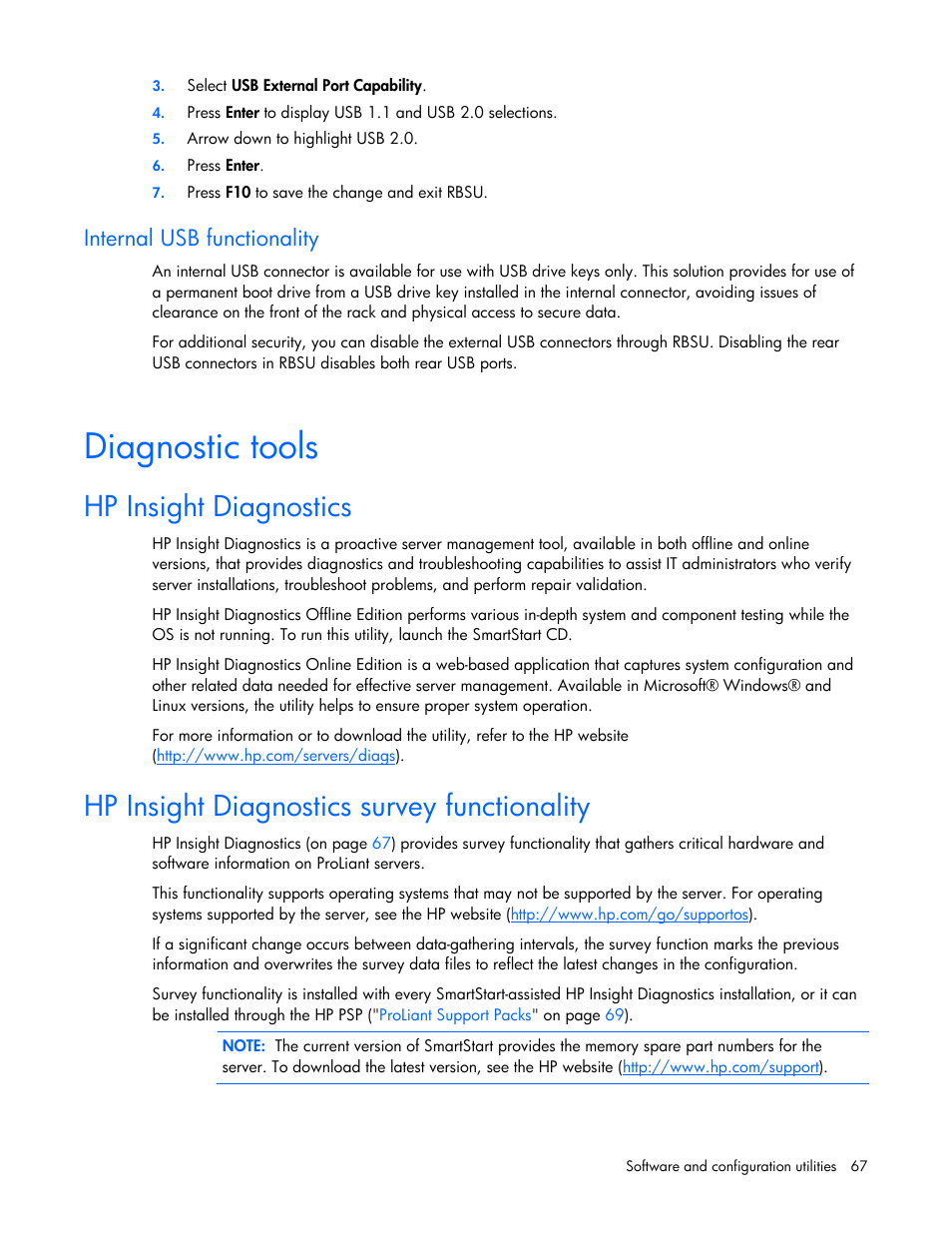 Diagnostic tools, Hp insight diagnostics, Hp insight diagnostics survey functionality | S utility, Internal usb functionality | HP ProLiant DL385 G5 Server User Manual | Page 67 / 112