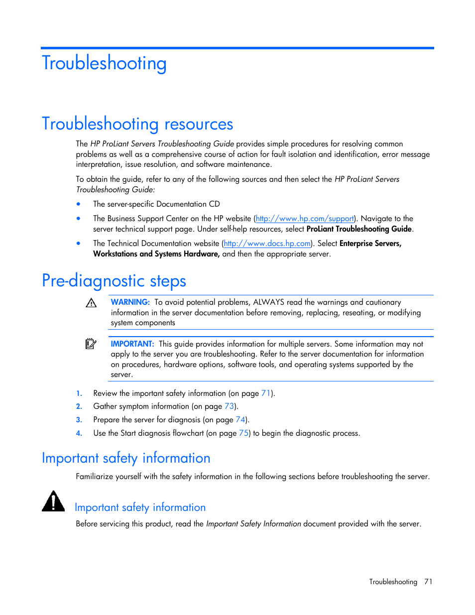 Troubleshooting, Troubleshooting resources, Pre-diagnostic steps | Important safety information | HP ProLiant DL385 G5 Server User Manual | Page 71 / 112